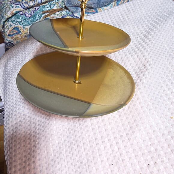 SANGO GOLD DUST GREEN 2 TIER SERVING TRAY CERAMIC SERVER - Picture 5 of 5